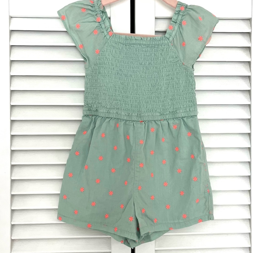 GAP Mint Green Romper with embroidered Coral Floral Pattern